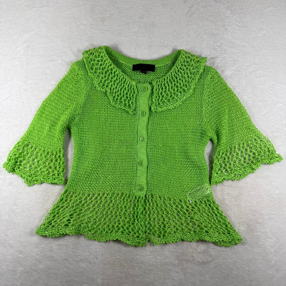 Zara Lime Green Open Knit Crochet Cardigan Peter Pan Collar M 1957/010